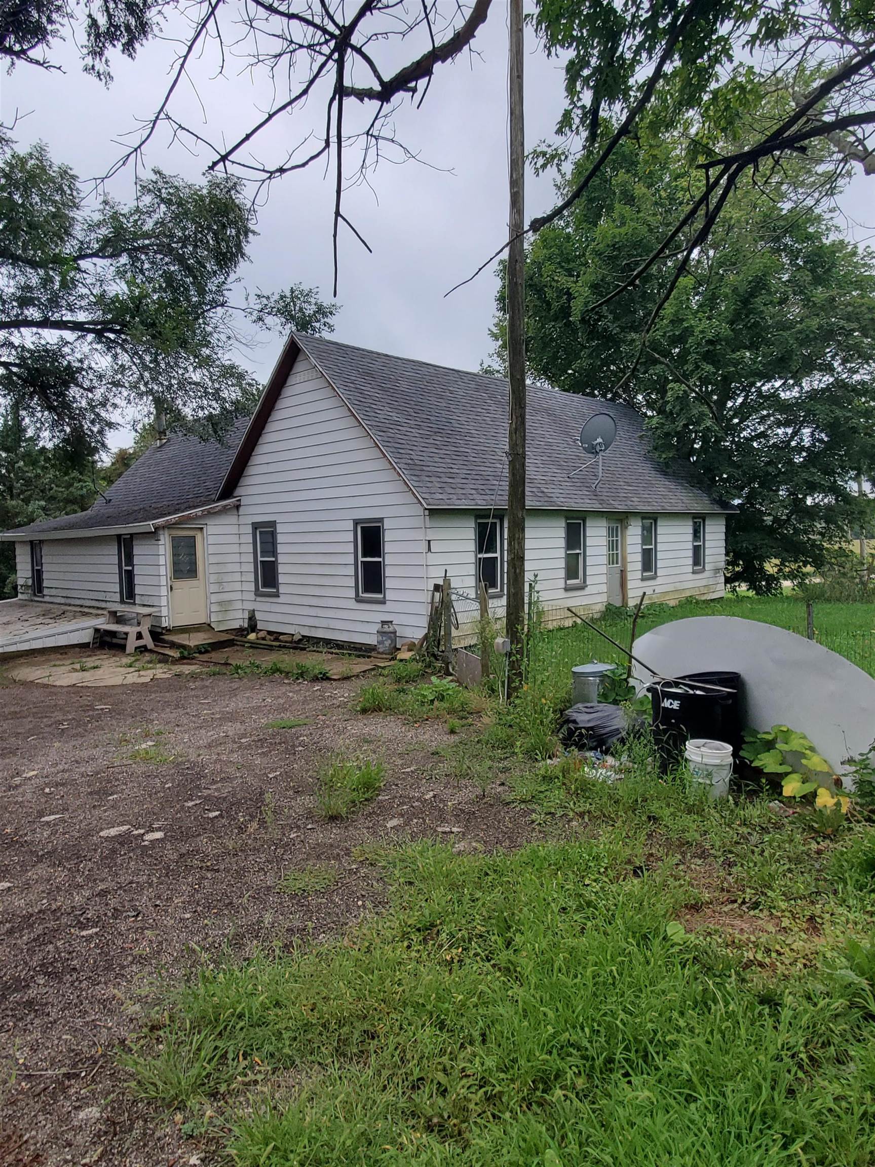 a view of a house with a yard plants and large tree