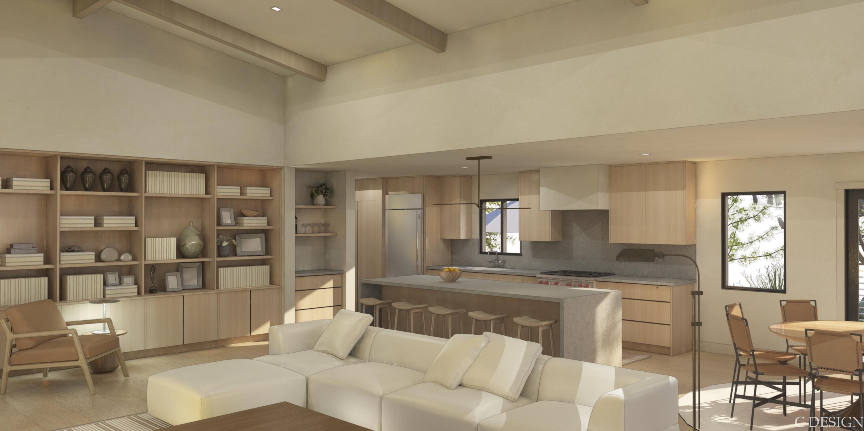 a living room with stainless steel appliances kitchen island granite countertop a couch and white cabinets