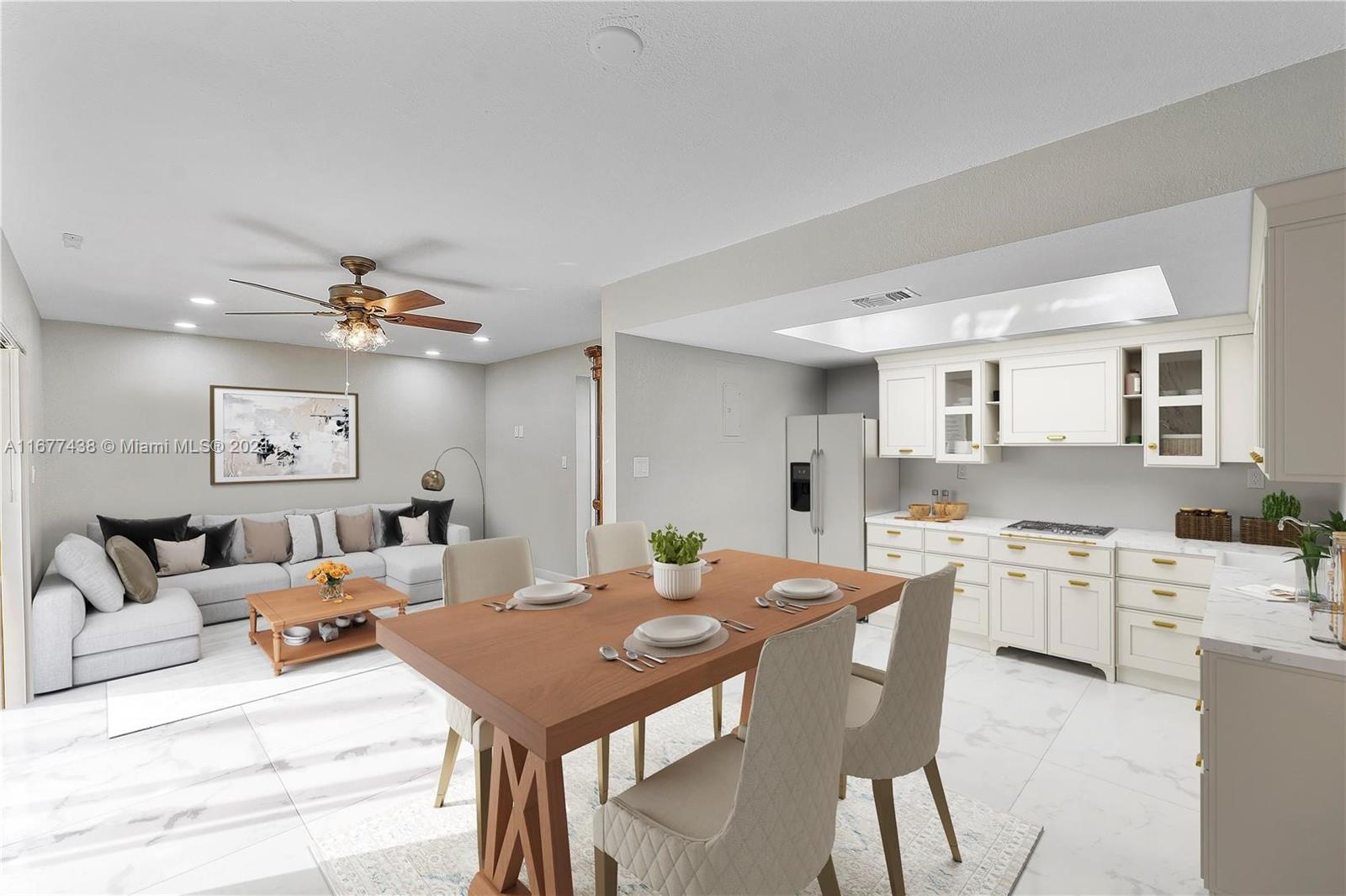 a large kitchen with a table and chairs