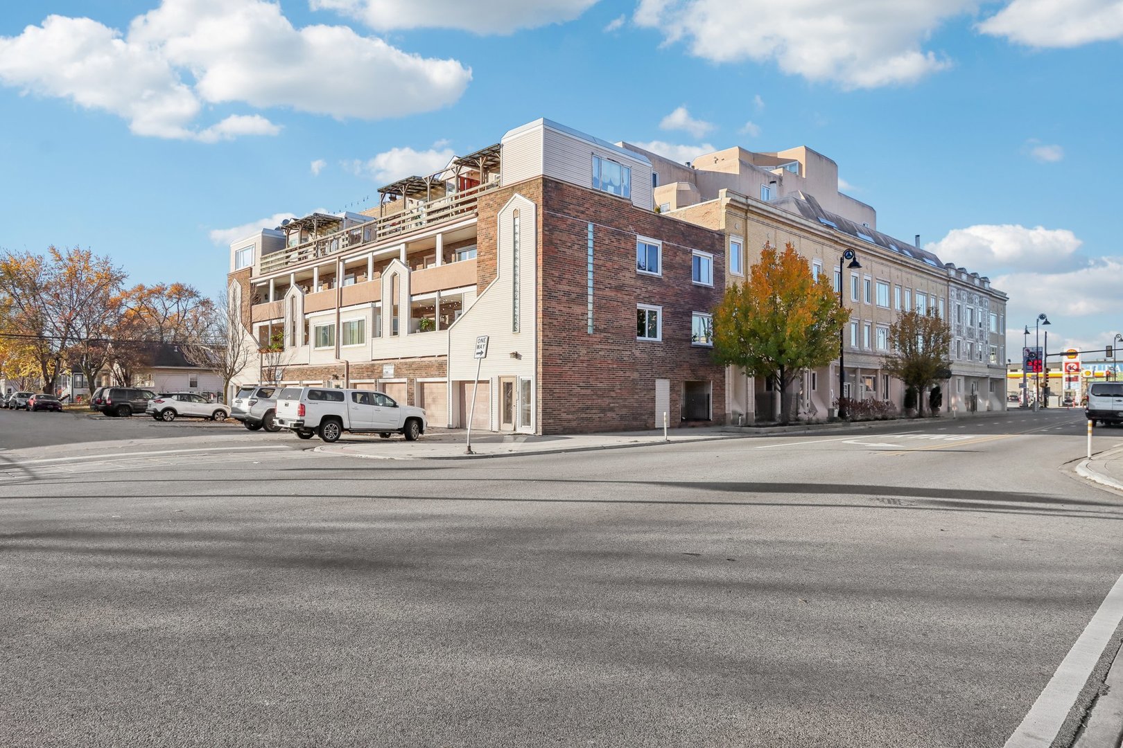 a view of a building with a street