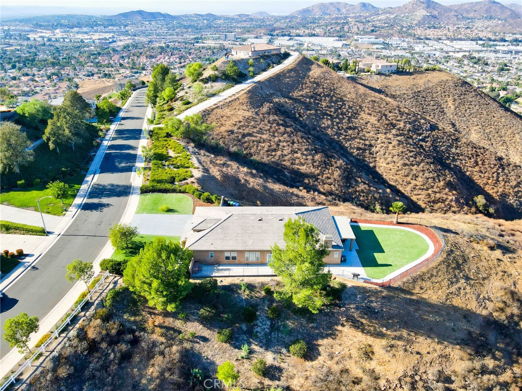 an aerial view of residential houses with outdoor space and trees