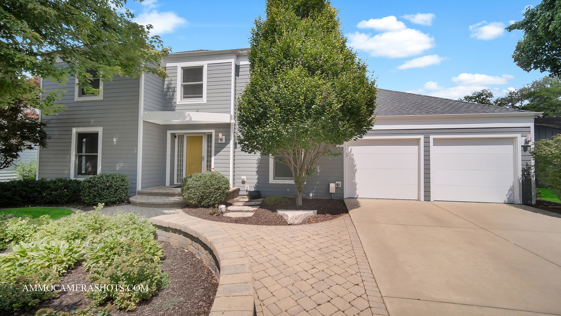 a front view of a house with yard and green space