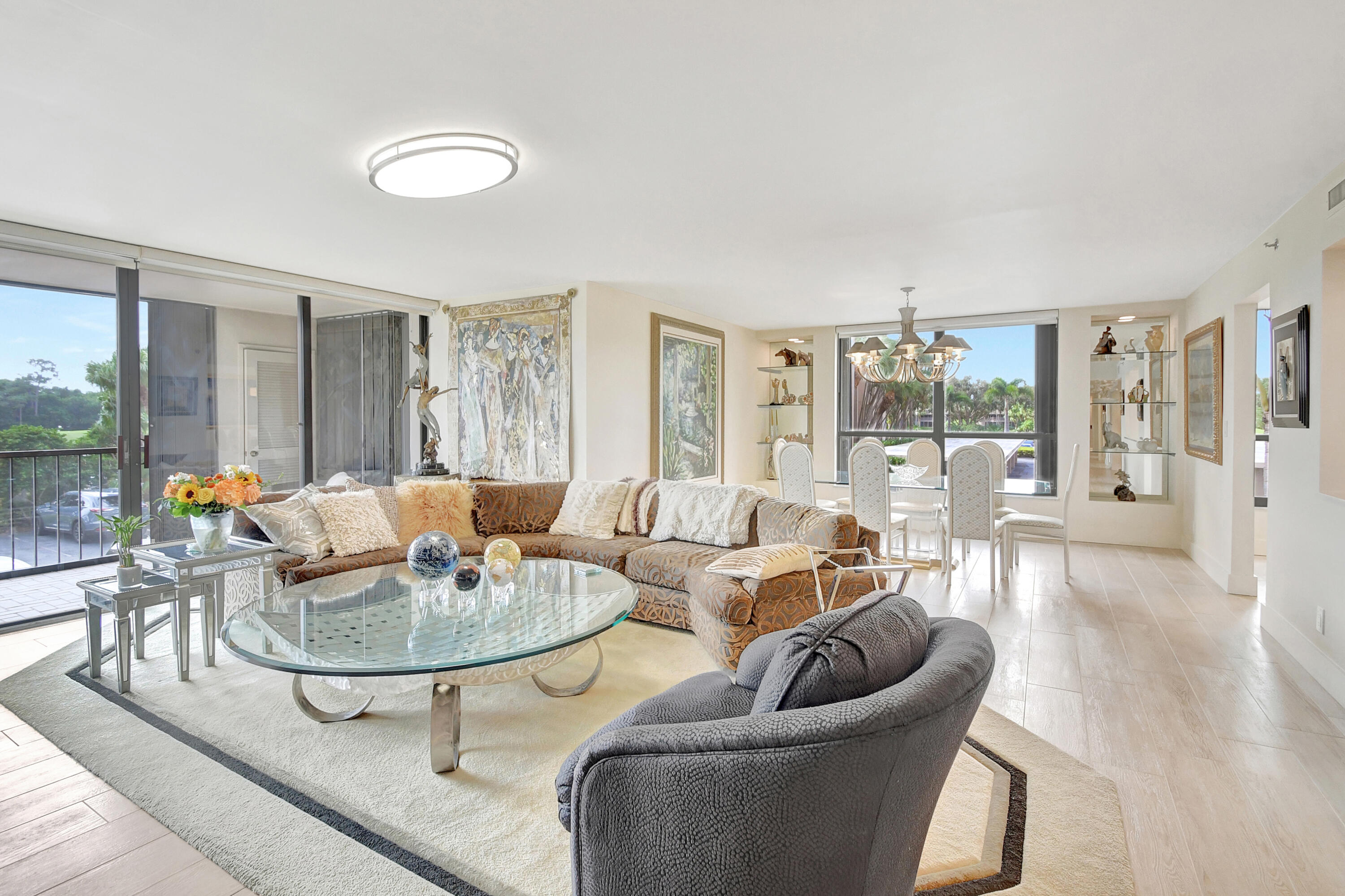 a living room with furniture and a table