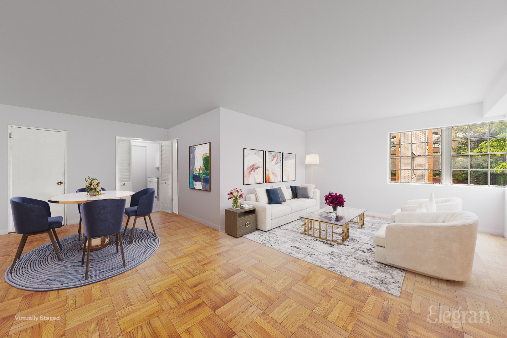 a living room with furniture a dining table and a window