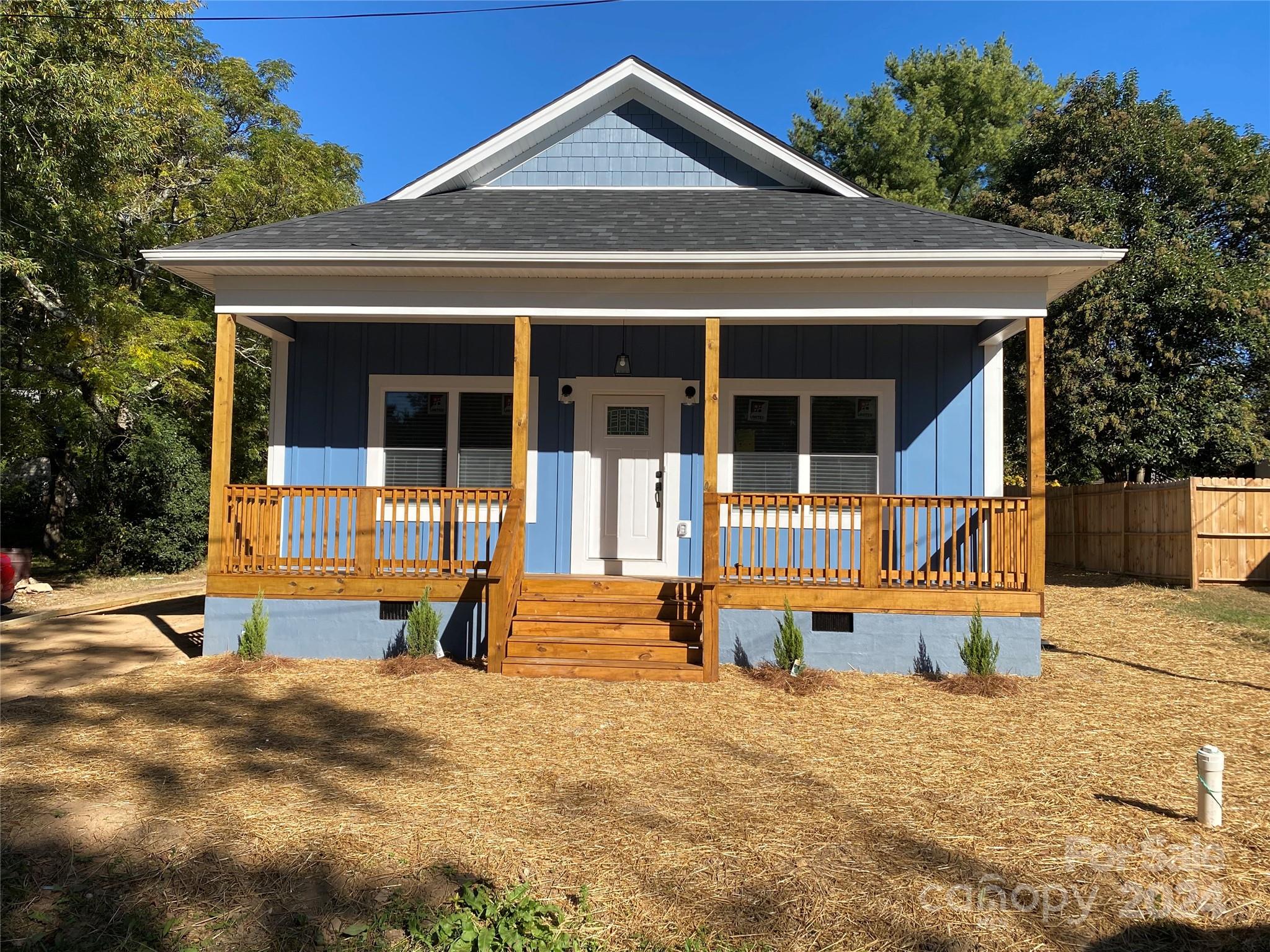 front view of a house with a patio