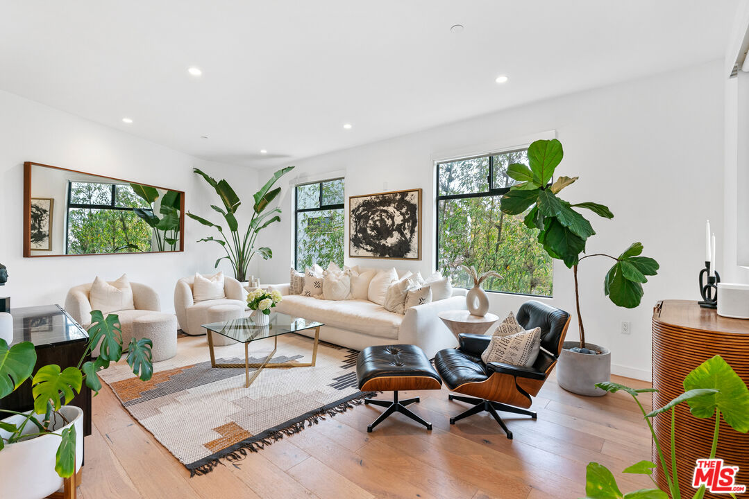 a living room with furniture hard wood floor and a potted plant