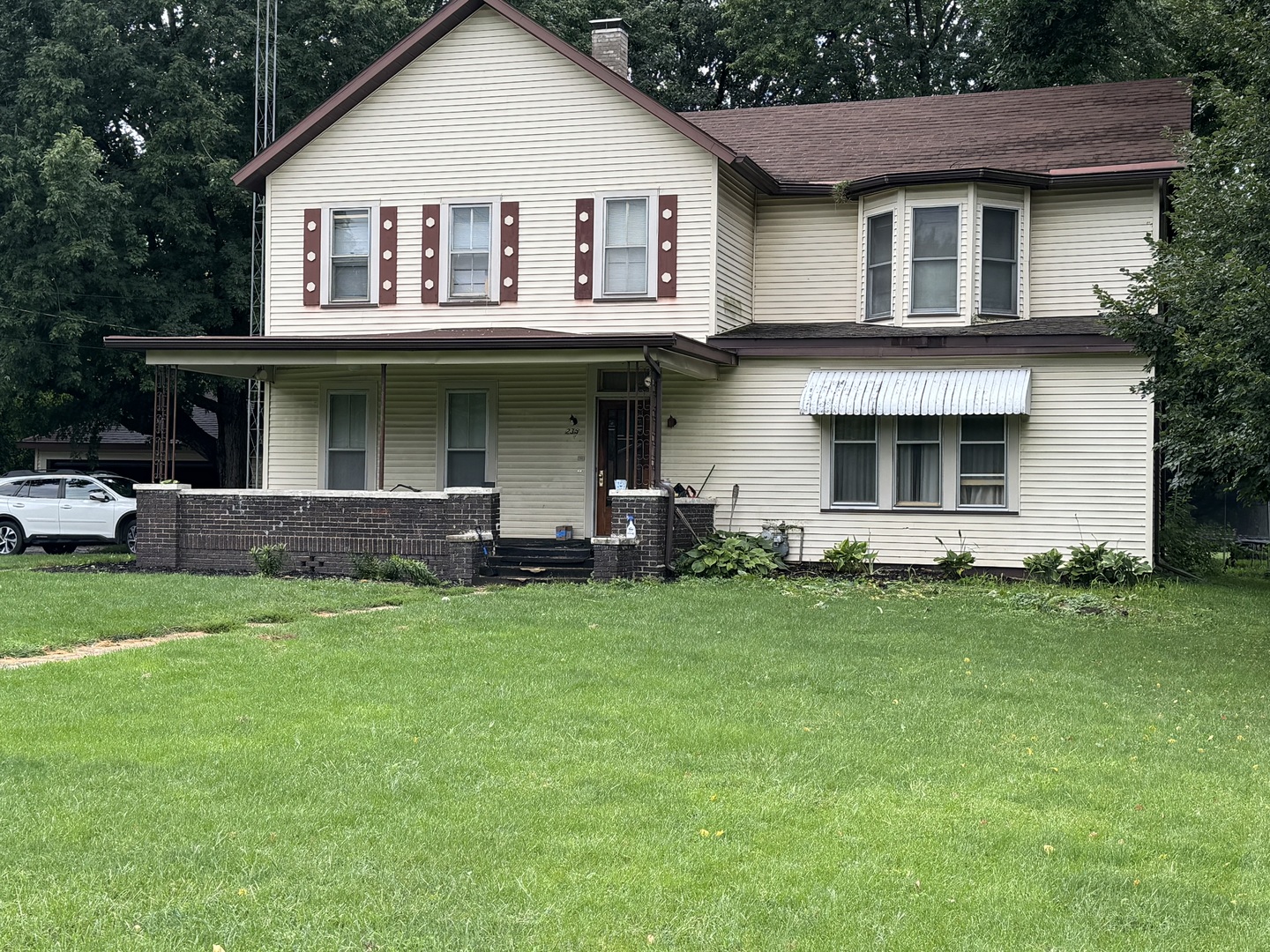 a view of a yard in front of a house with plants and large tree