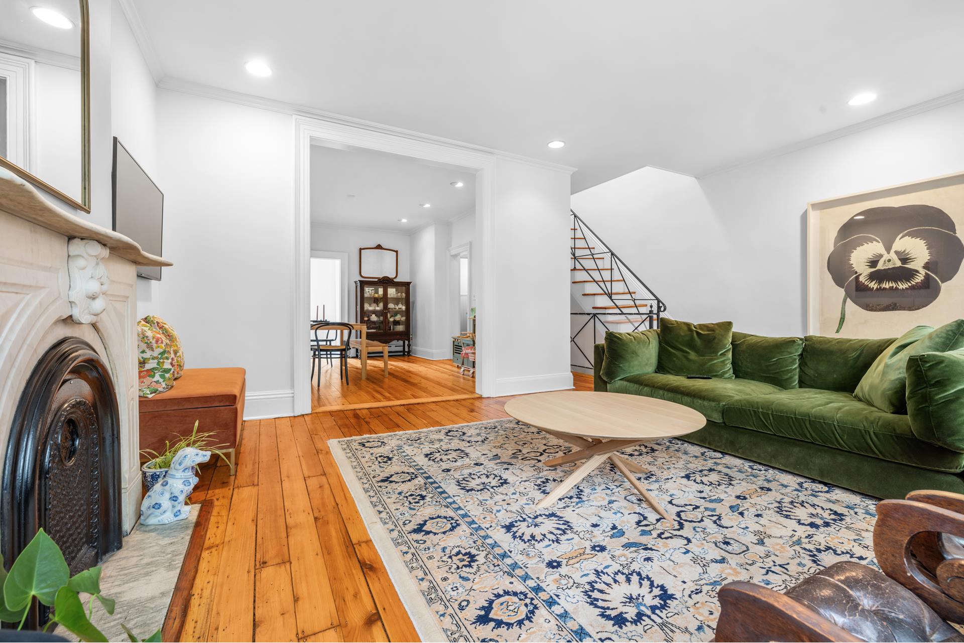 a living room with a couch and a table