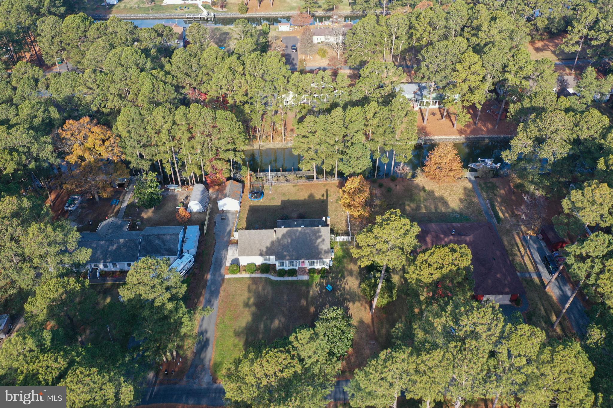 an aerial view of a house with a yard and large trees