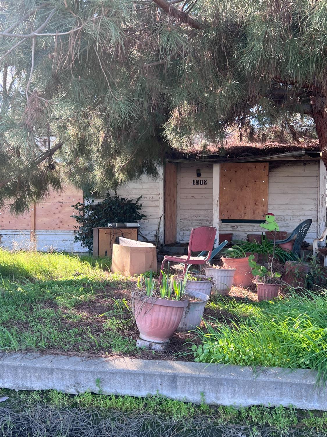 a view of a backyard with table and chairs potted plants