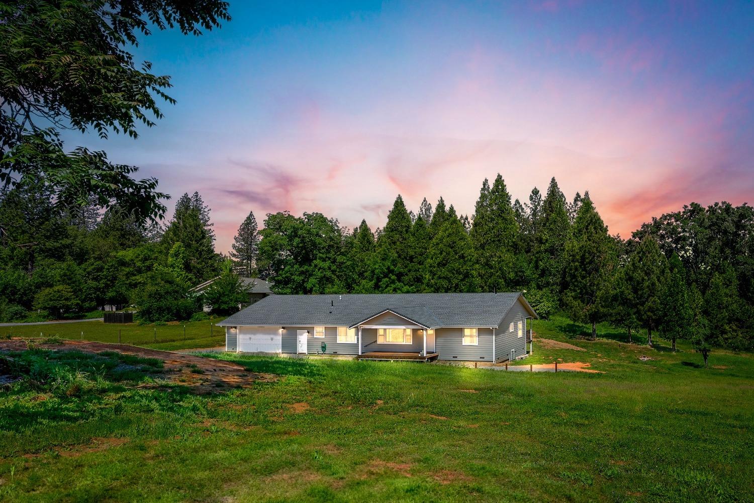 a front view of a house with a yard and trees