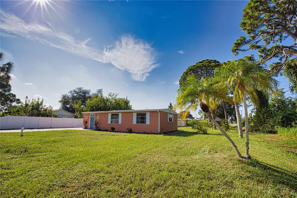 a view of a house with a backyard and a tree