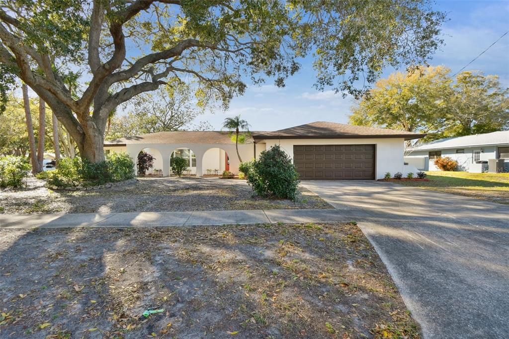 a pathway of a house with large trees