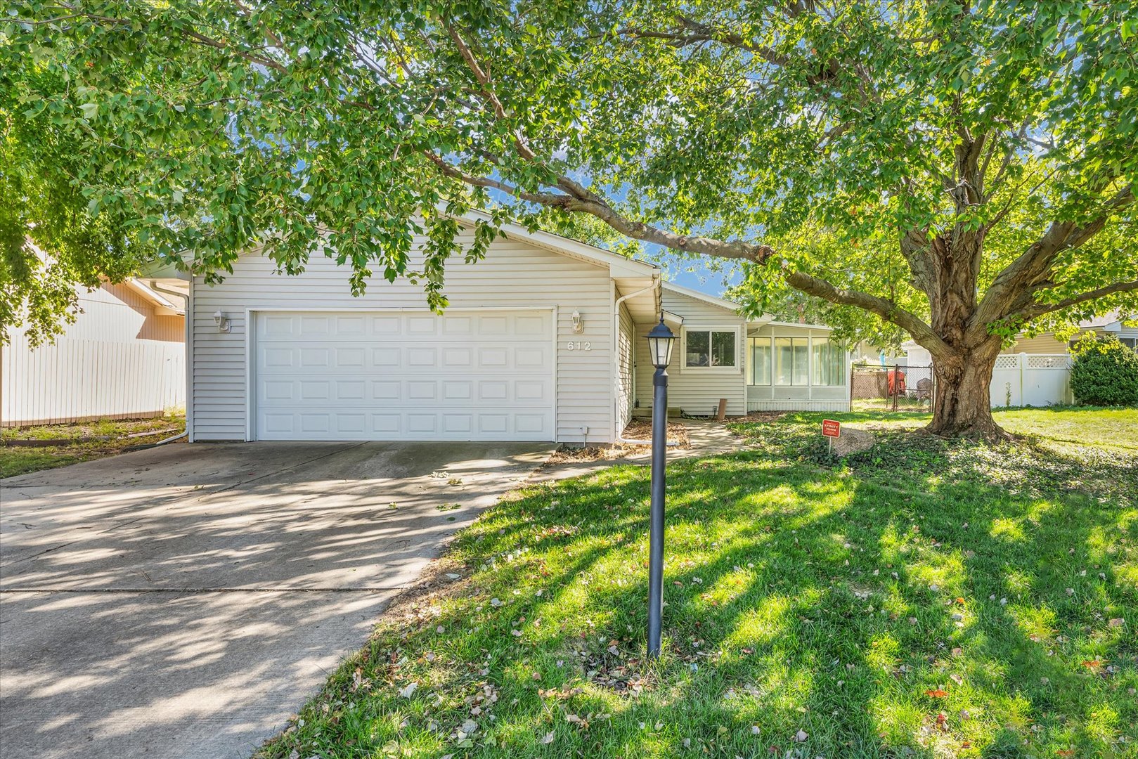 a backyard of a house with plants and large tree