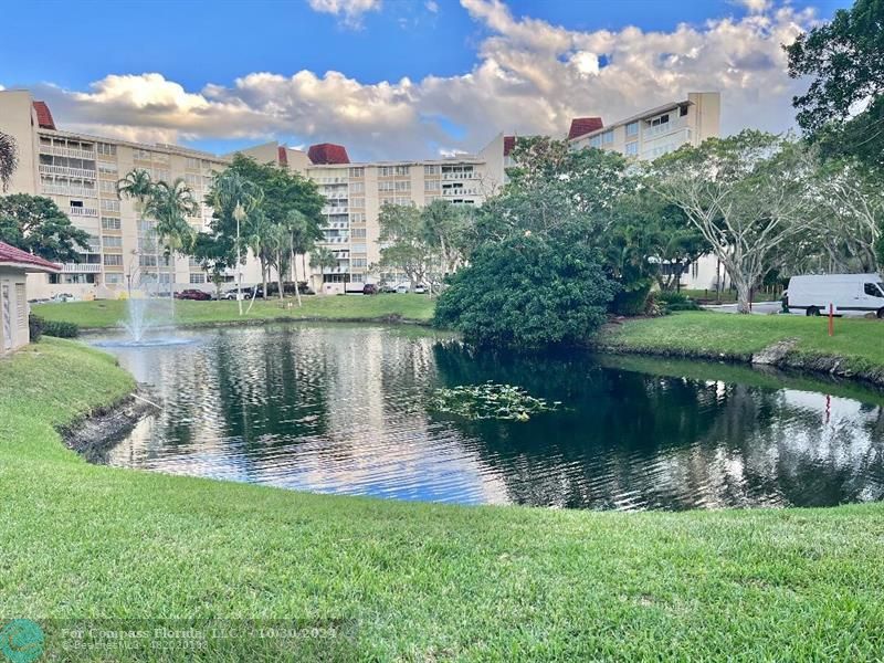 a lake with houses in the back