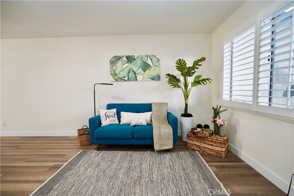 a living room with furniture and a potted plant