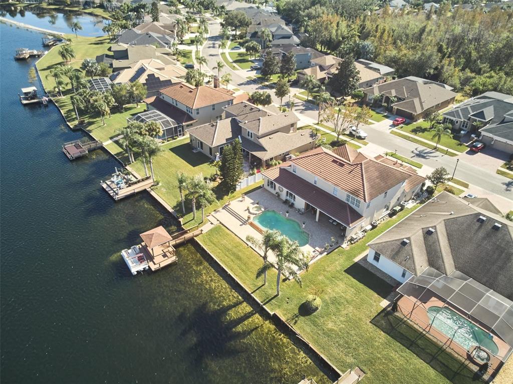 an aerial view of a house with a garden