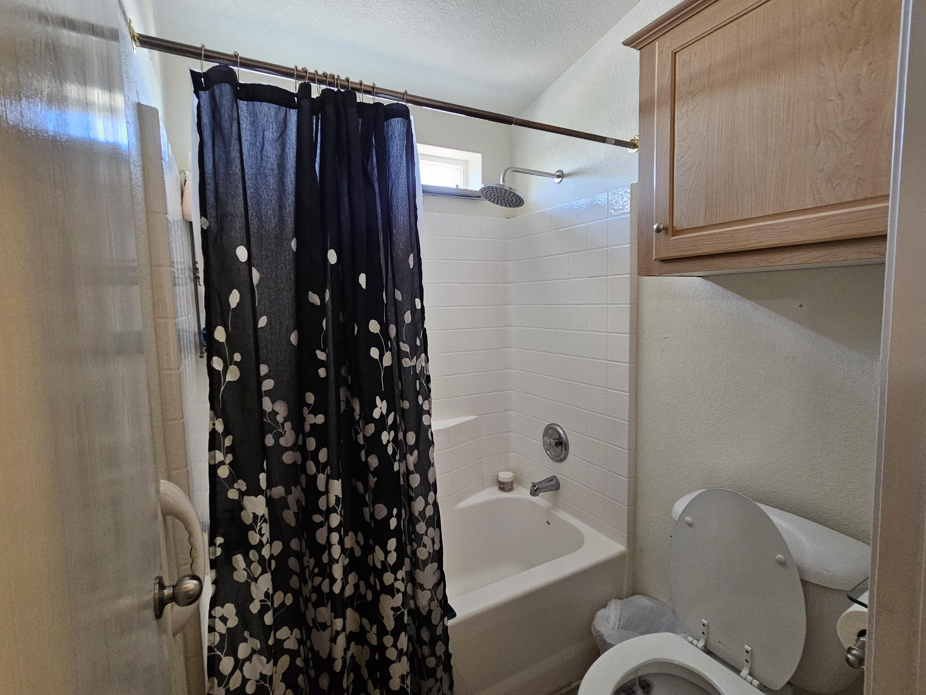 a bathroom with a shower curtain a sink and a toilet