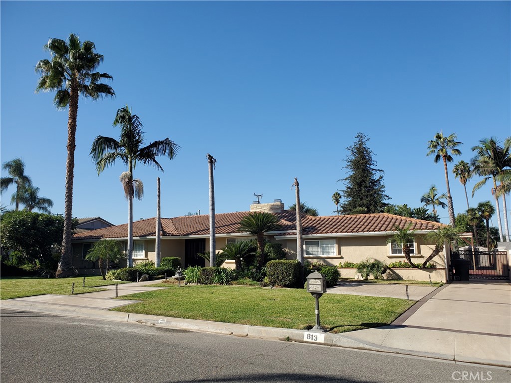 a view of a house with a garden and car parked