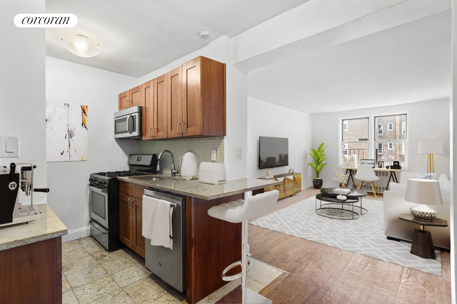 a kitchen with a sink stove and wooden cabinets