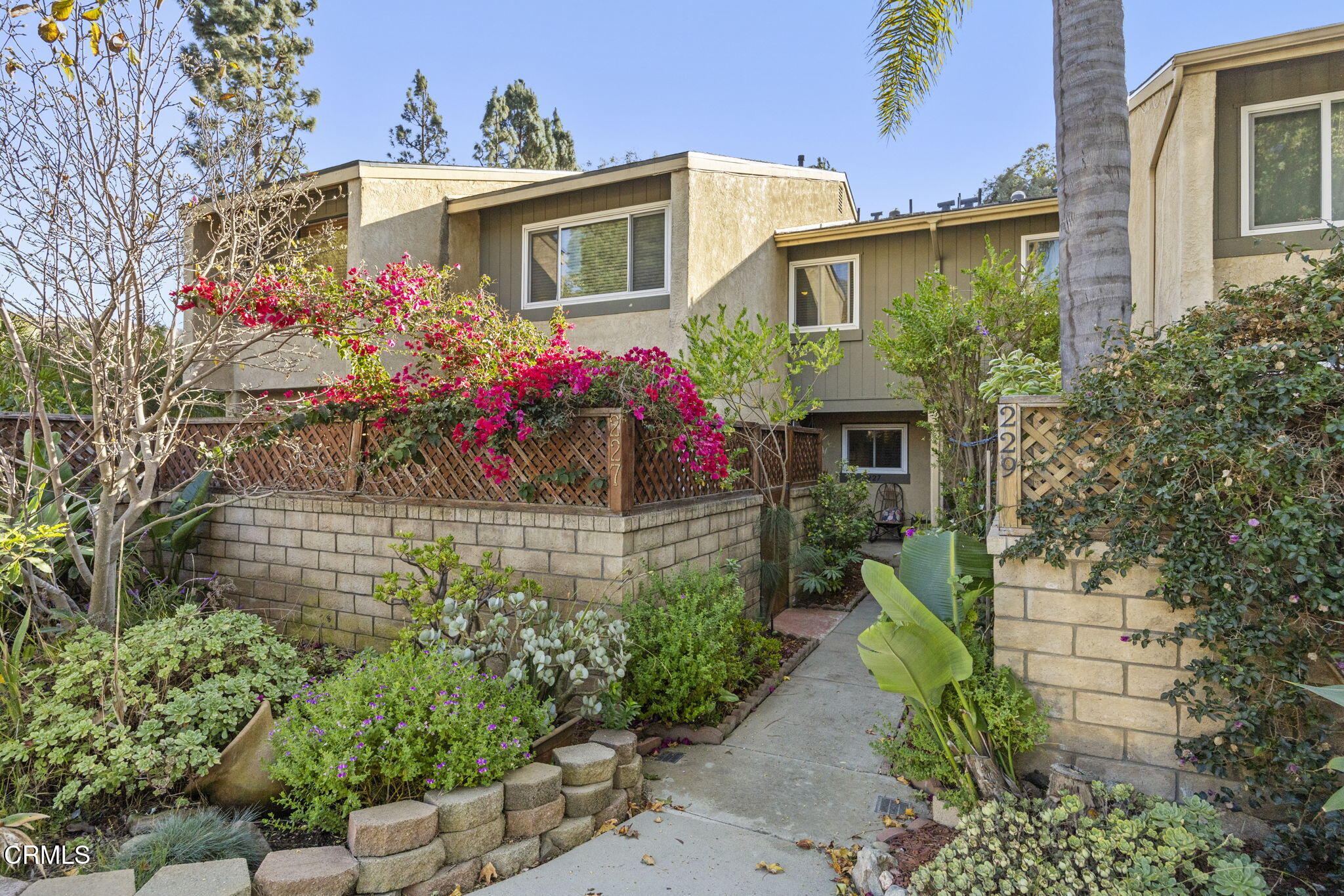 a front view of a house with a yard and potted plants