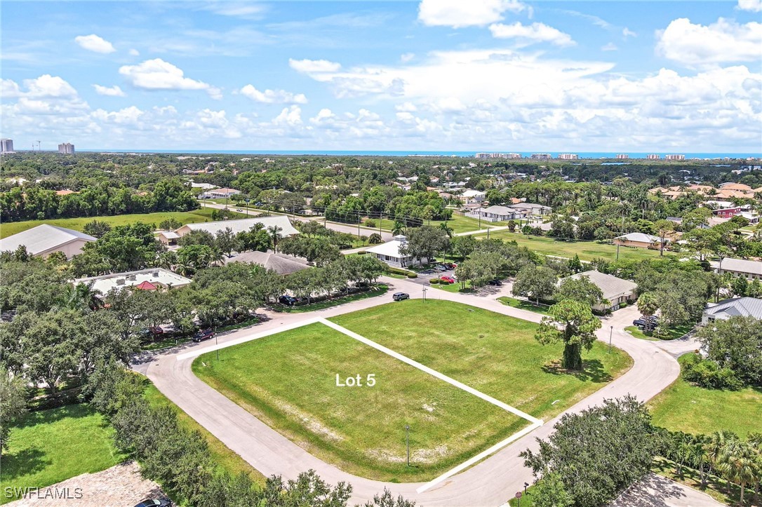 an aerial view of residential houses with outdoor space and trees