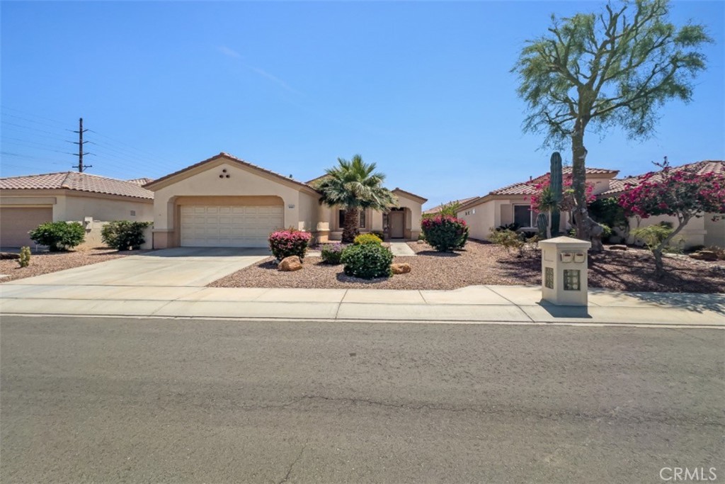 a view of a house with a yard and palm trees