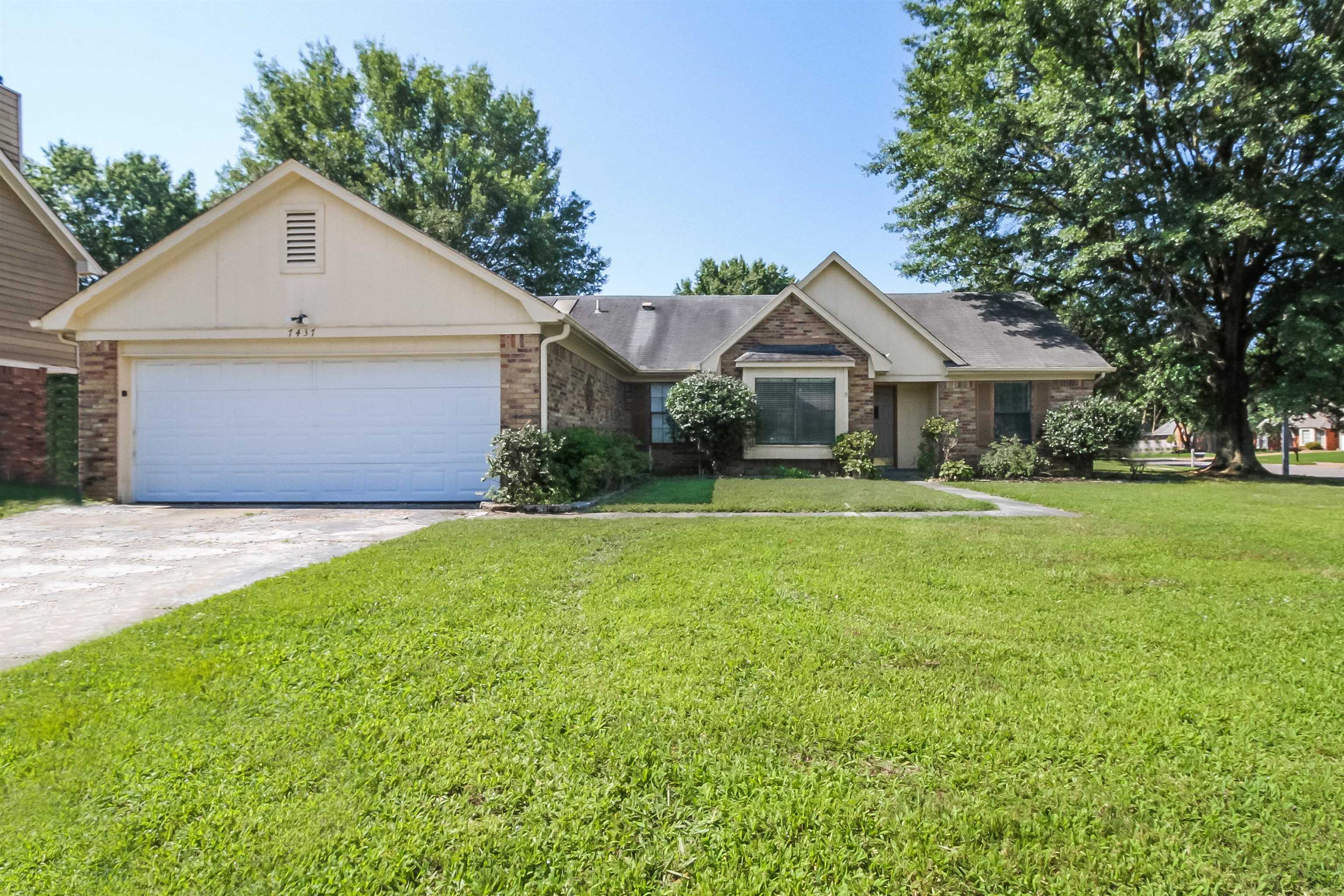 a front view of house with yard and green space