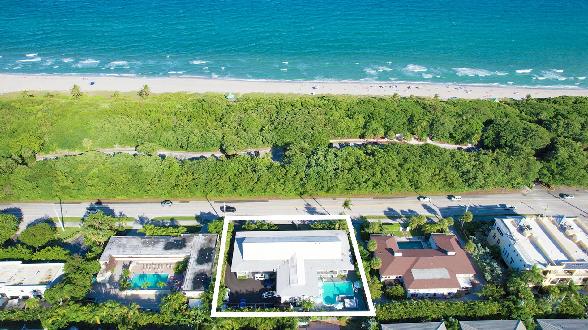 a view of an ocean and a building