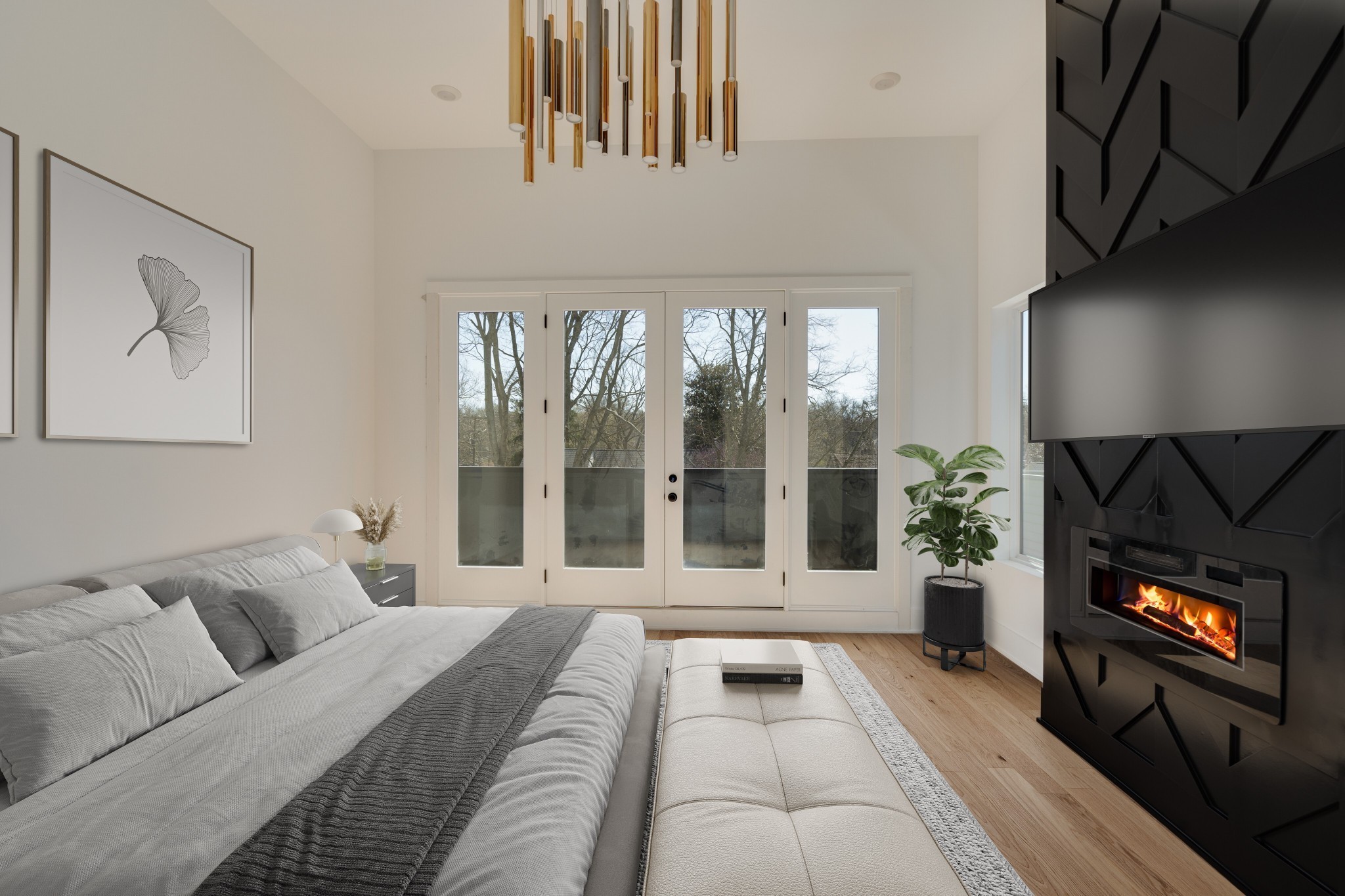 a living room with furniture large window and flat screen tv