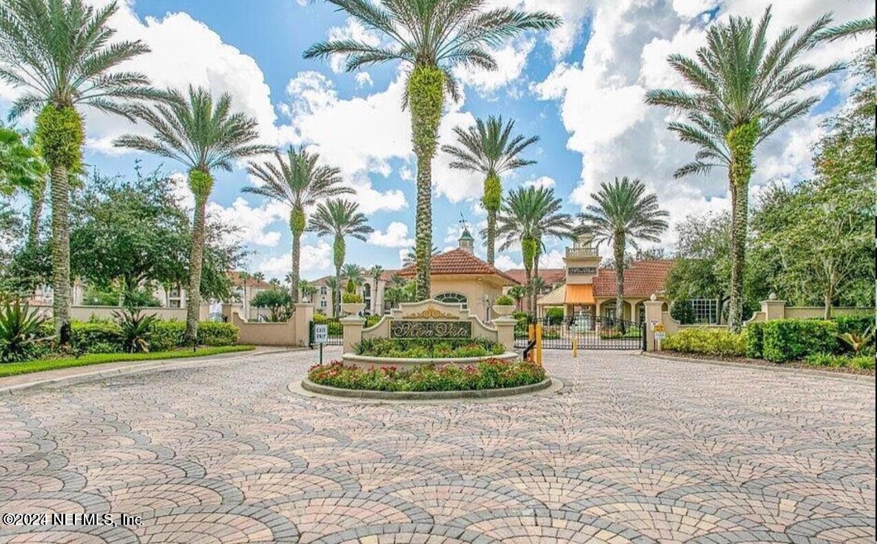 a view of a park with a palm trees