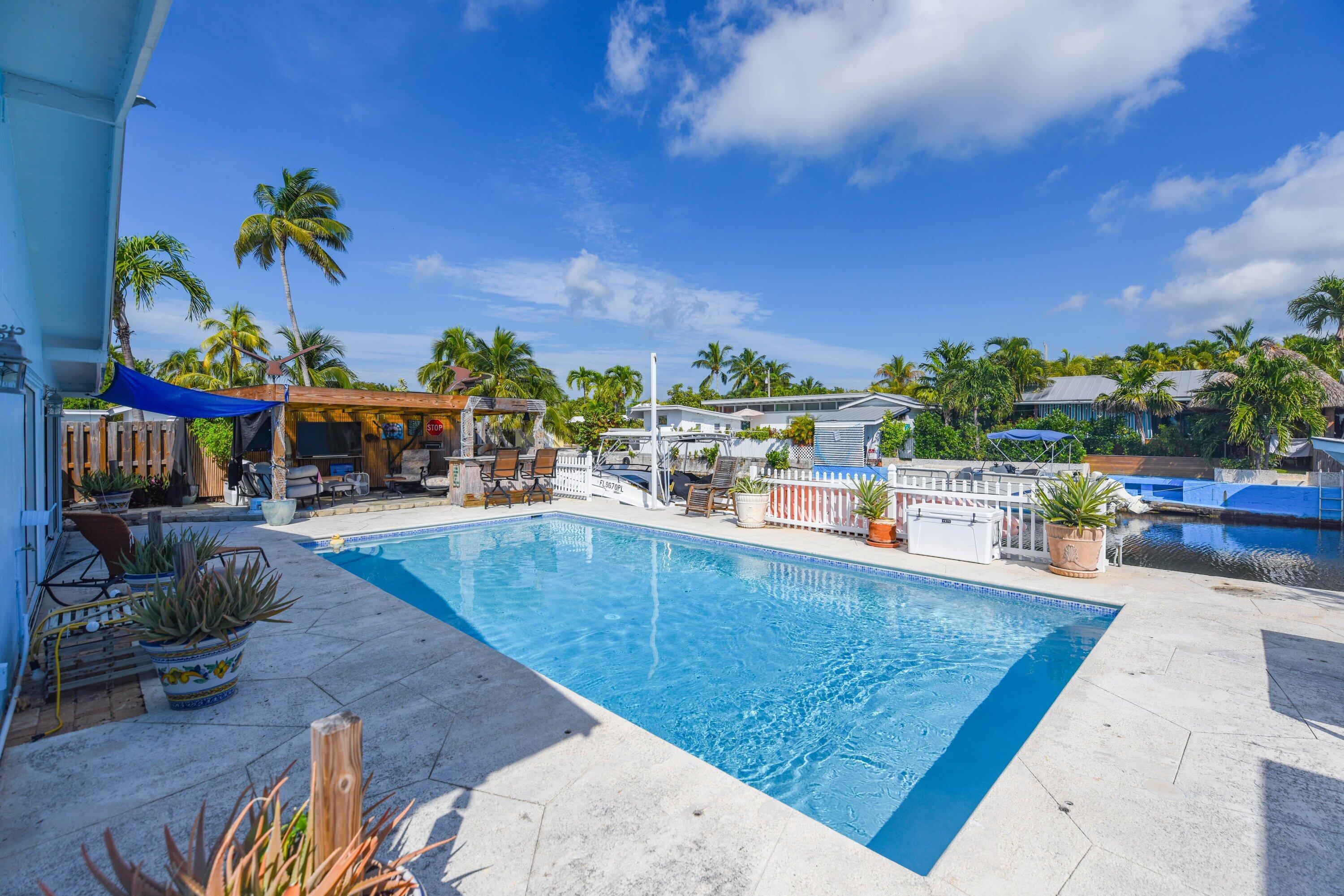 a view of a swimming pool with furniture