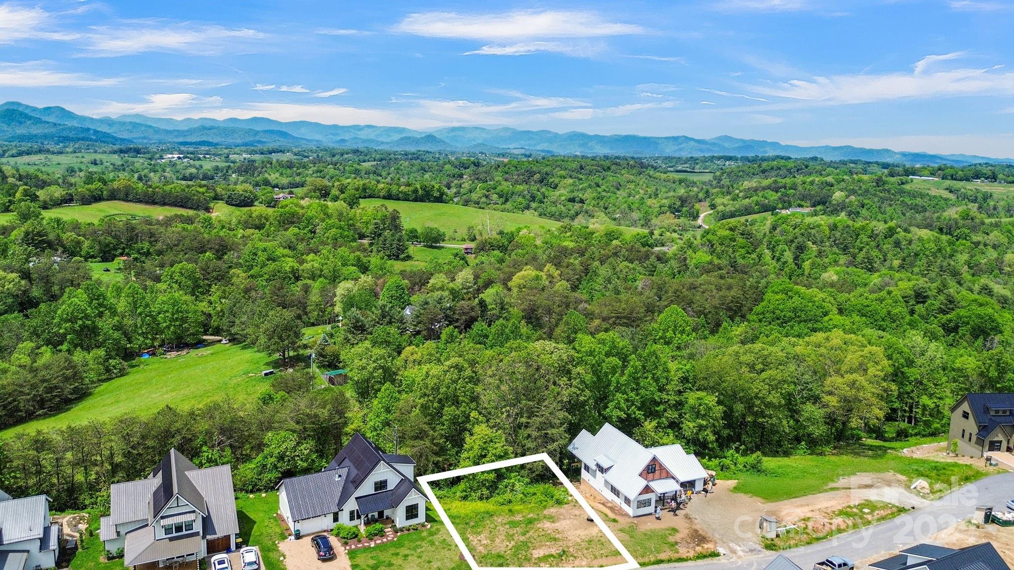 a view of a city with lush green forest