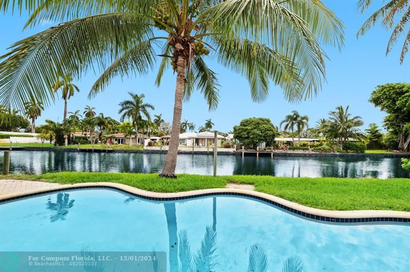 a view of a swimming pool with a lake view