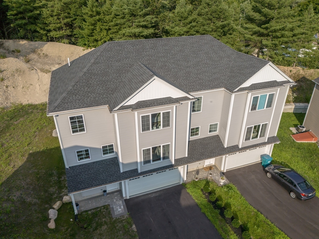 a aerial view of a house with a yard plants and large tree