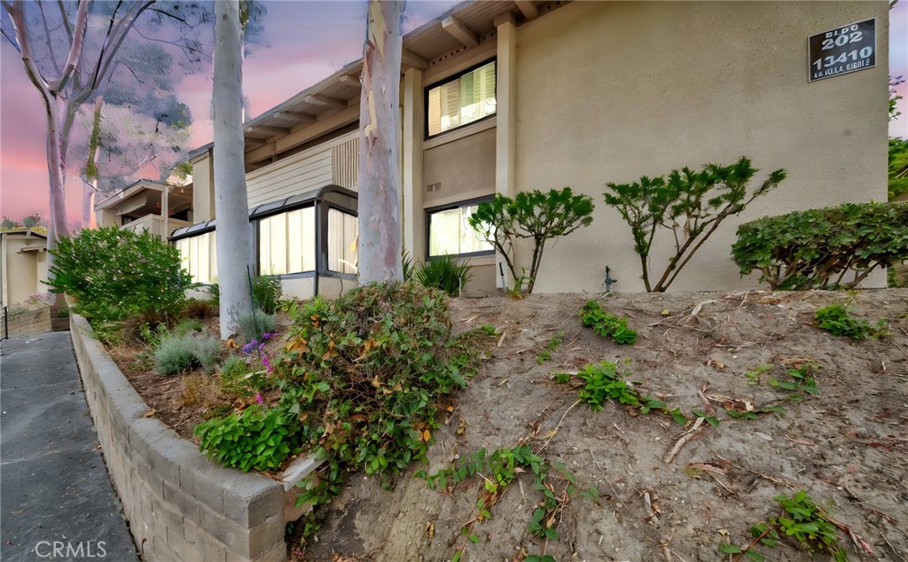 front view of a house with potted plants