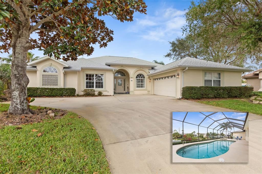 Pool home with oversized driveway.