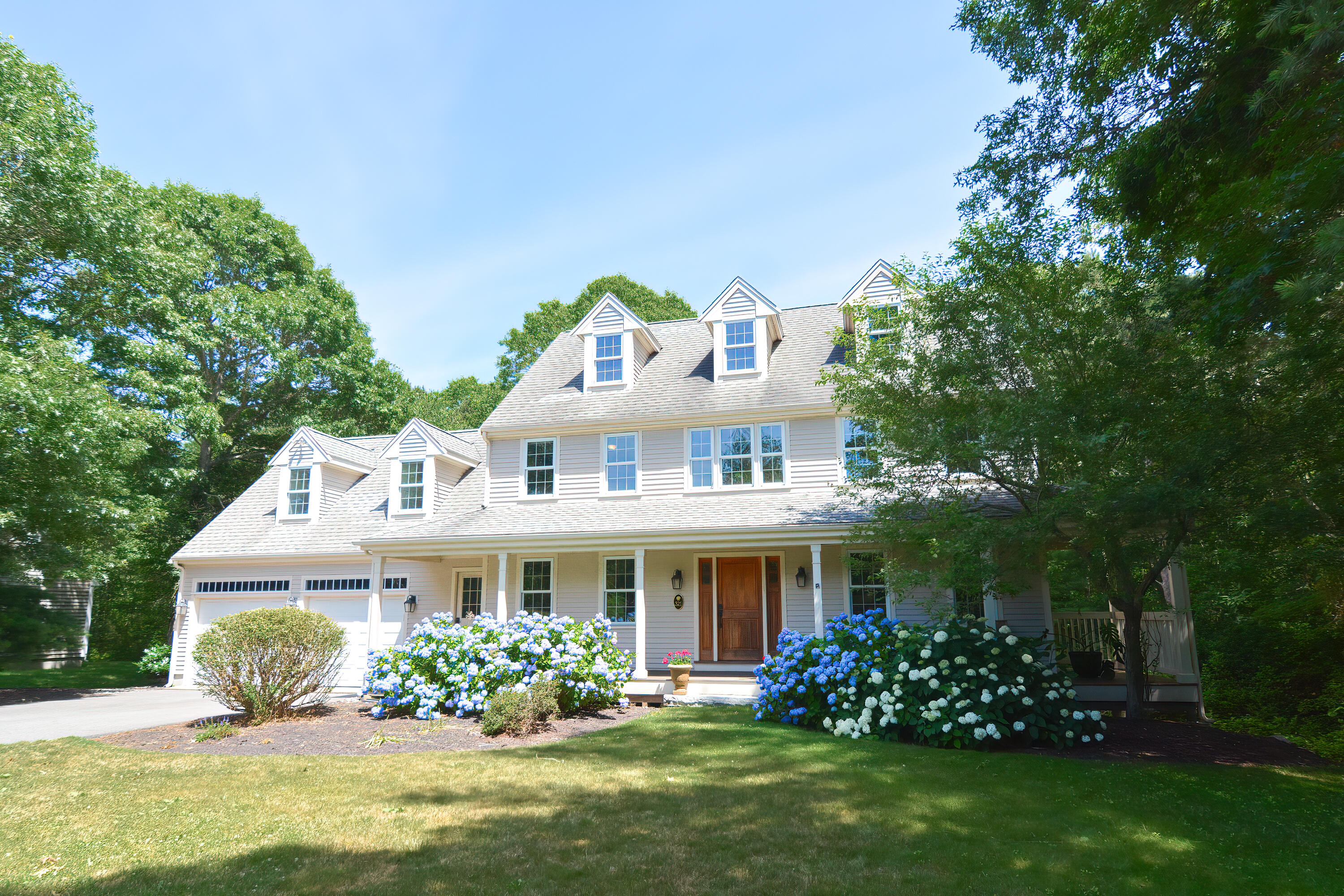 a aerial view of a house with a yard potted plants and large tree