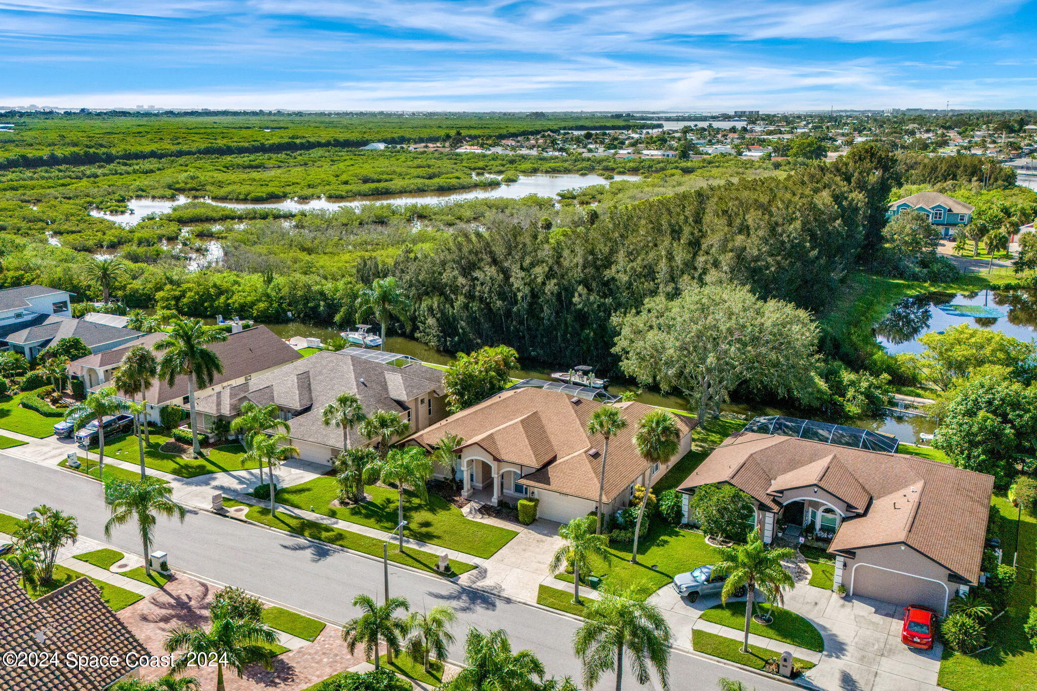 an aerial view of residential houses with outdoor space and trees