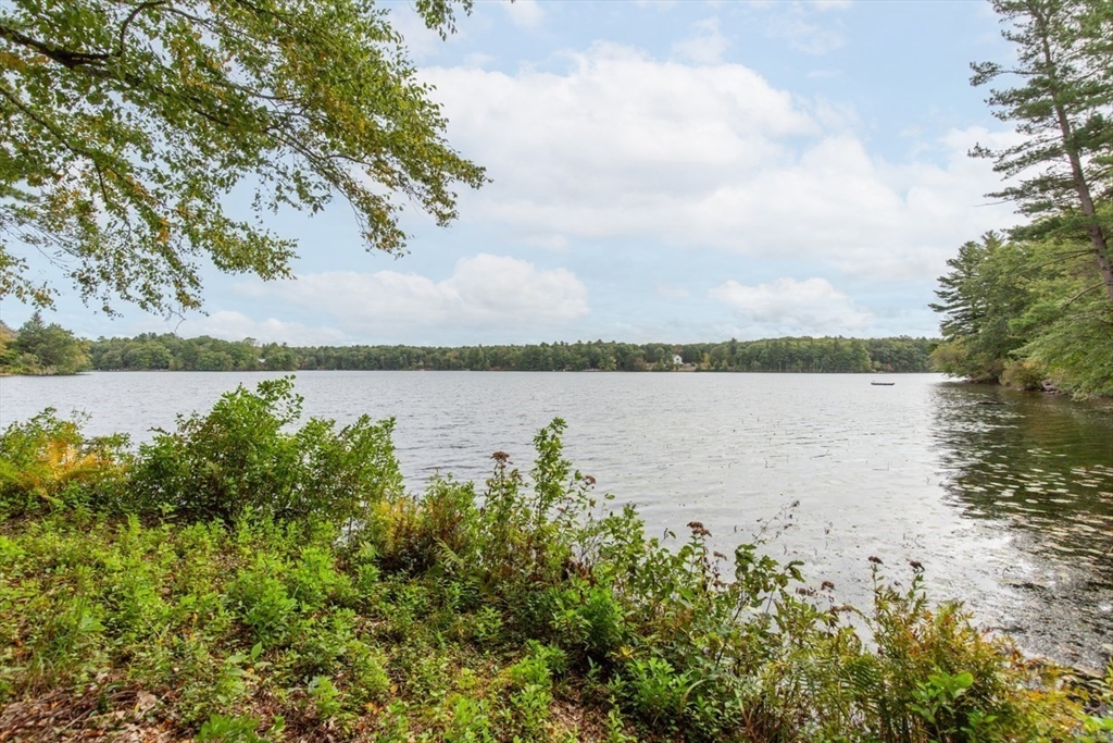 a view of a lake with houses in the back