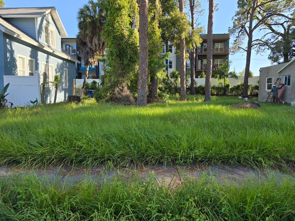 a backyard of a house with lots of green space and fountain