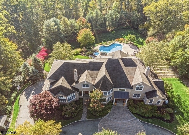 an aerial view of a house with a yard and a large tree