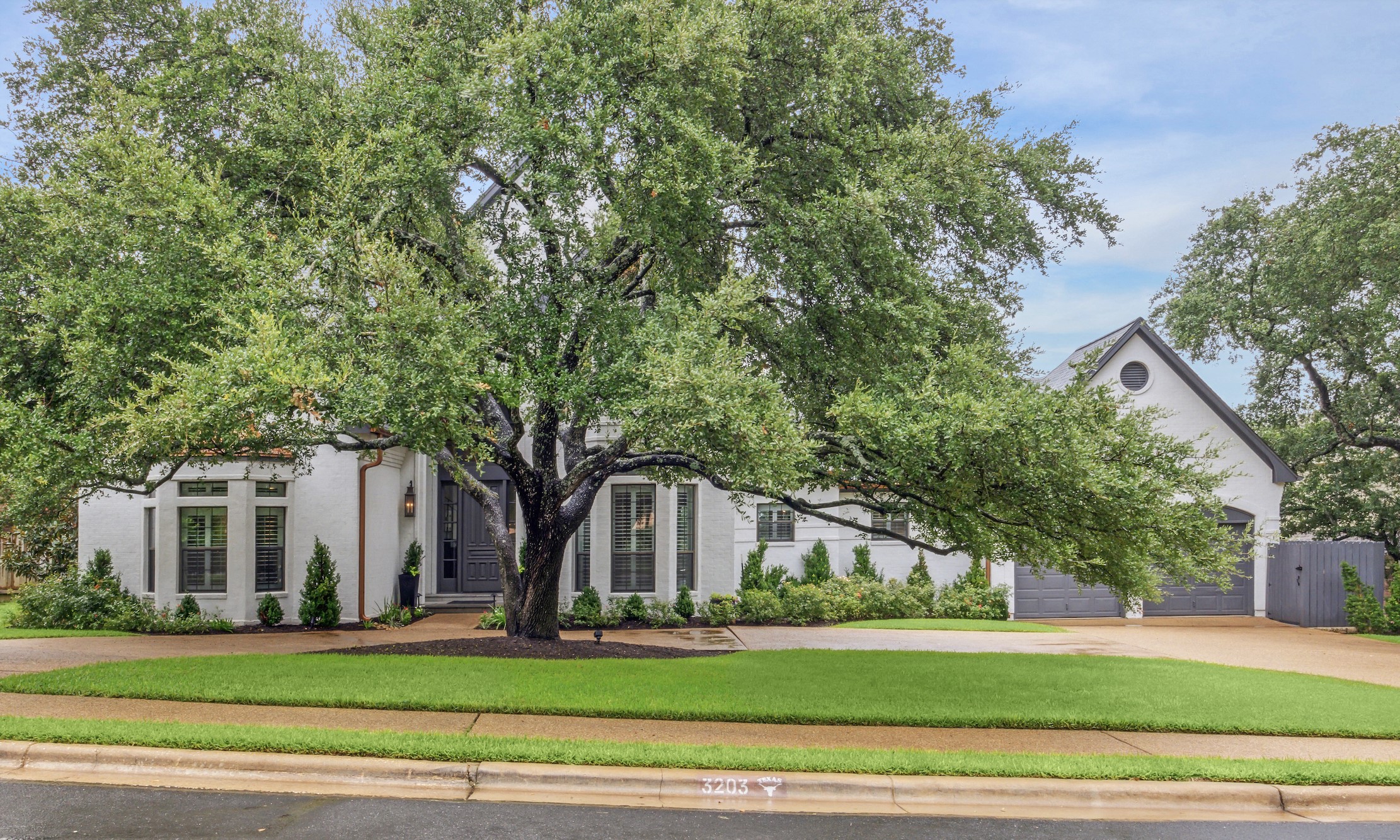 a front view of a house with a yard and large trees