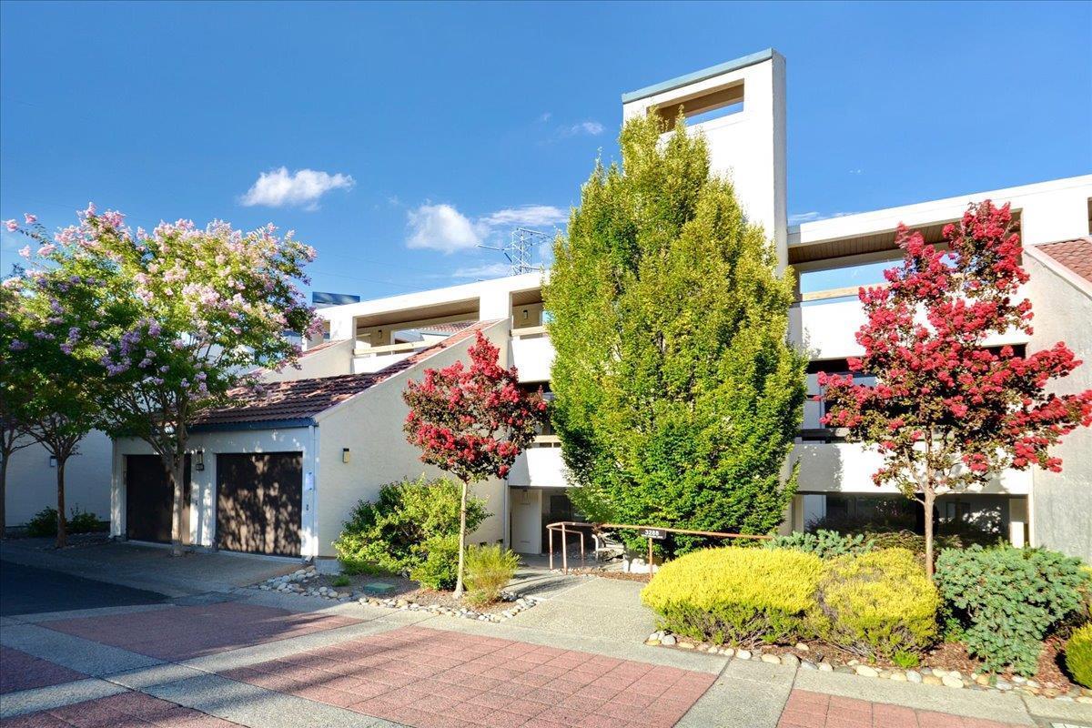 a front view of a house with plants