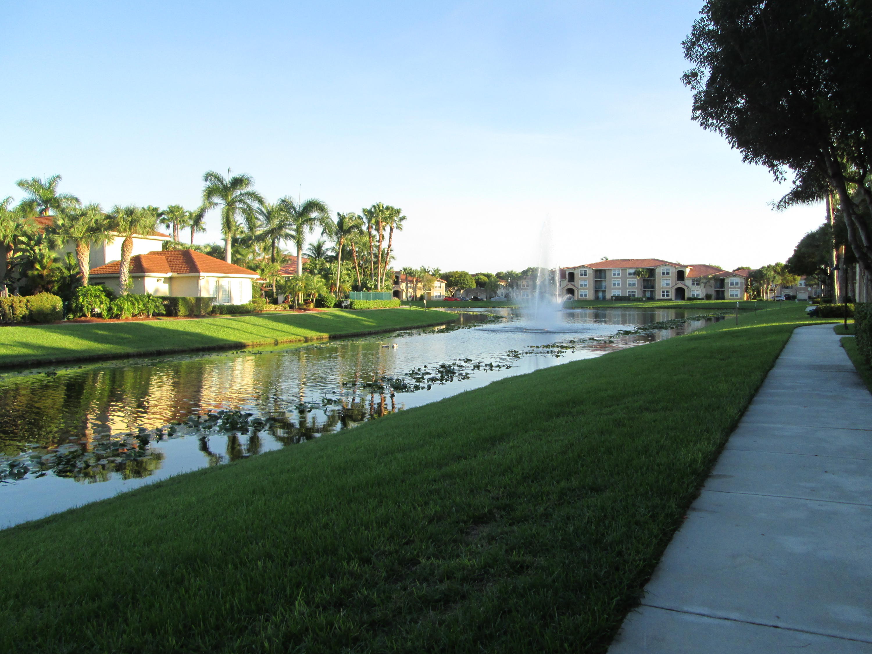 a view of a lake with houses in back