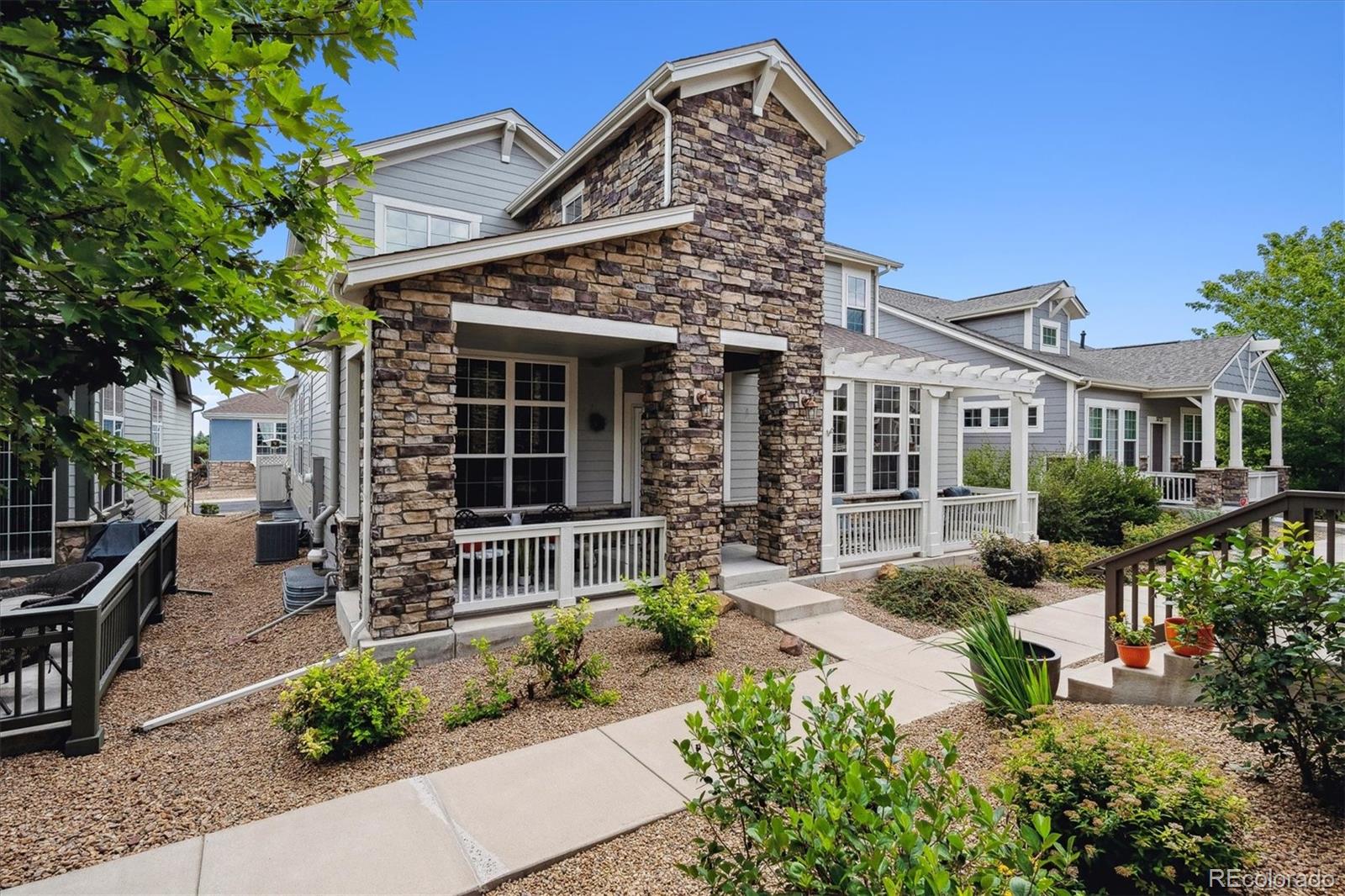 front view of a house with a patio