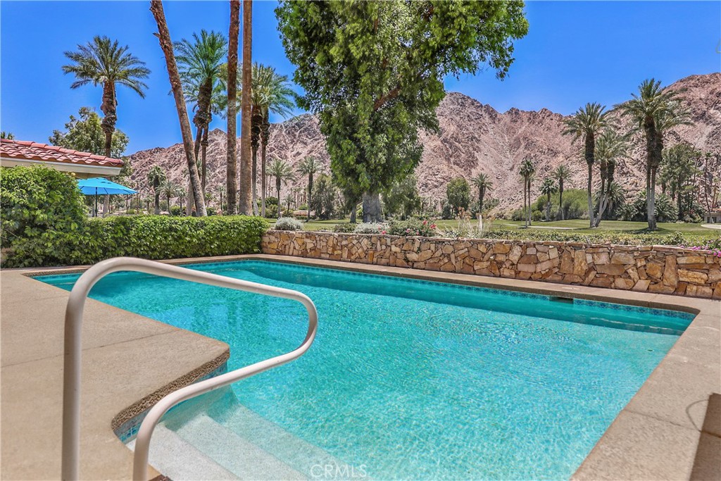 a view of a swimming pool with a garden