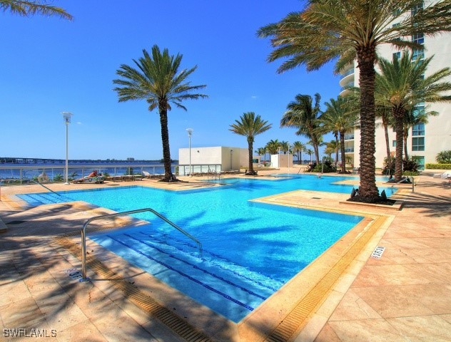 a view of a swimming pool with a lawn chairs under palm trees