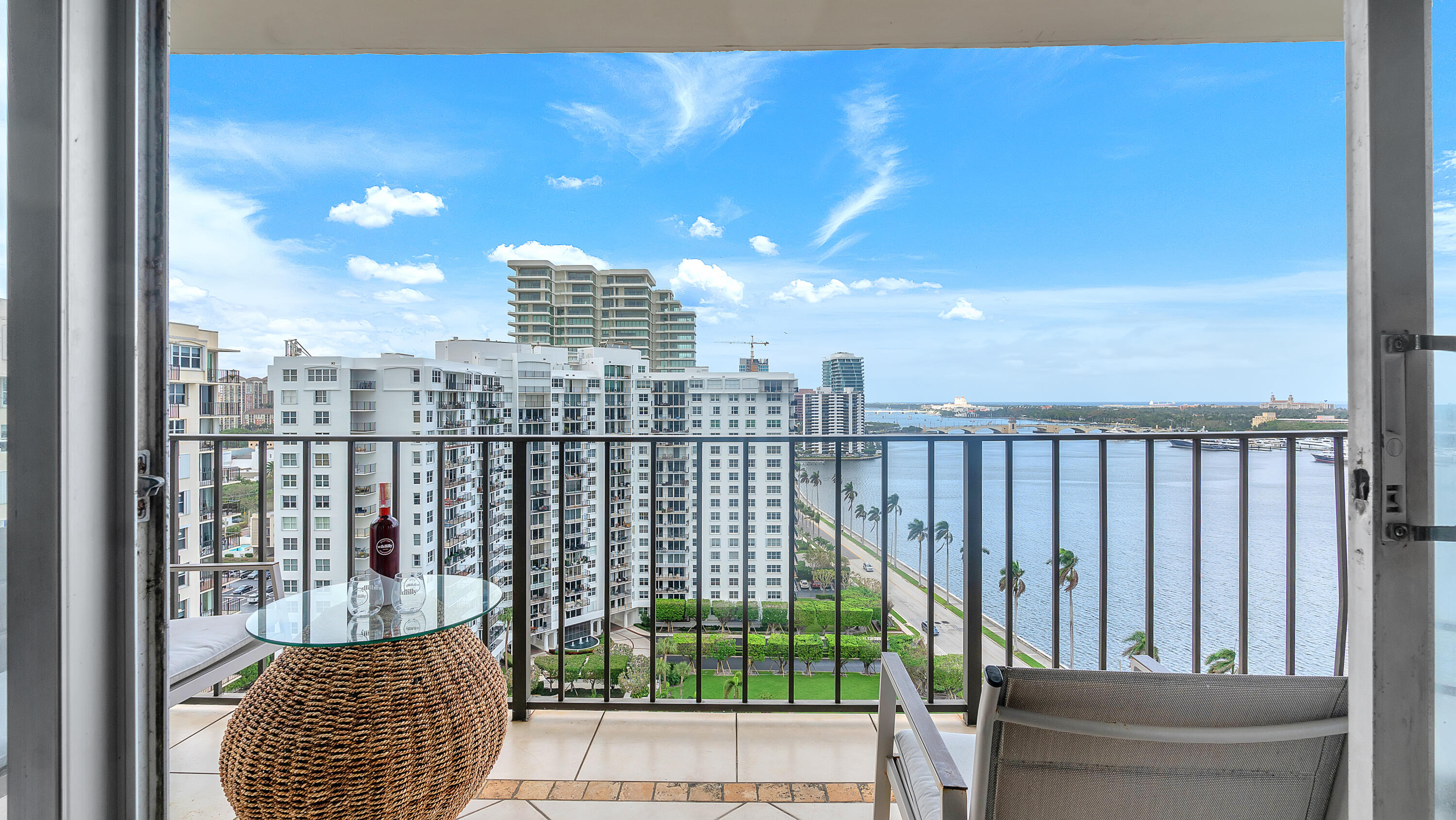 a view of a balcony with city view