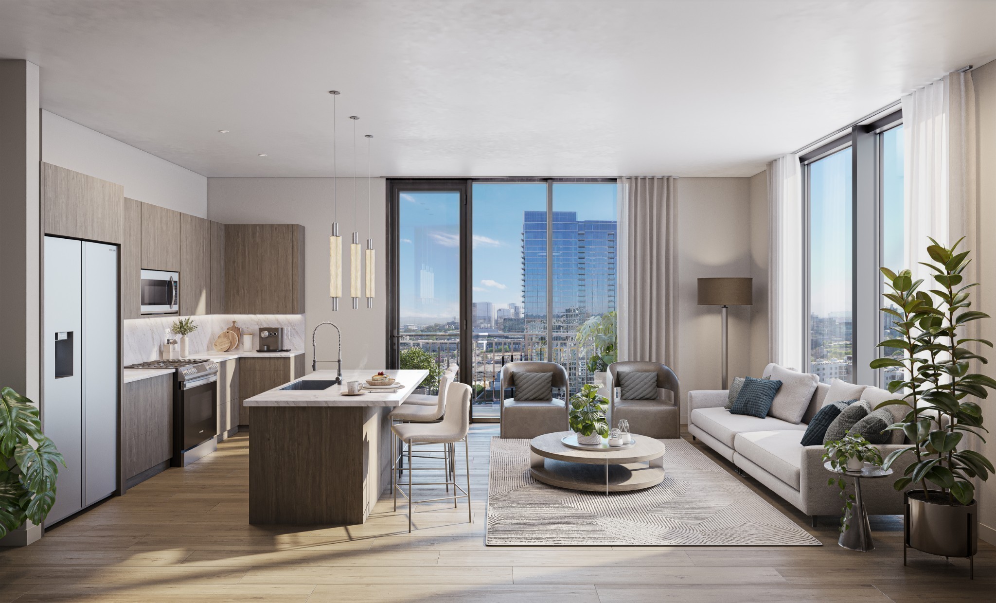 a living room with furniture kitchen and a large window